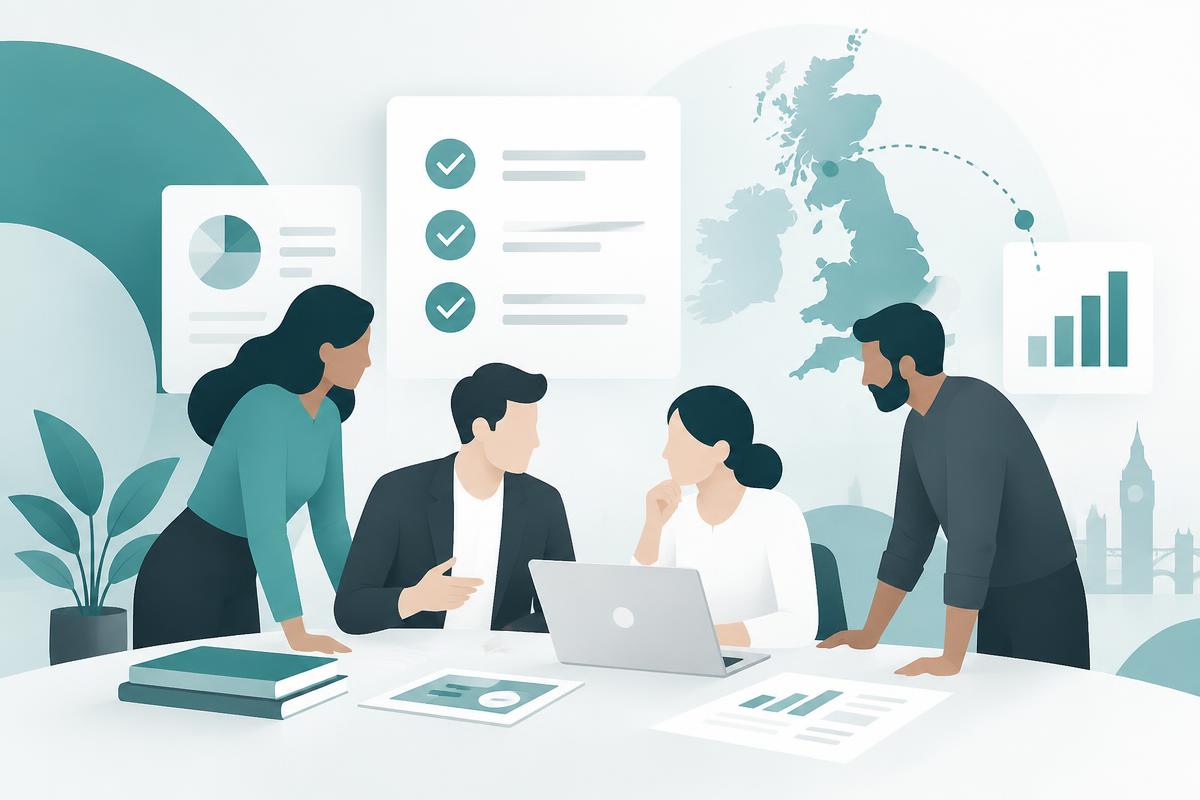 TechyMavin Consulting team collaborating on business documents and compliance checklists with UK map outline