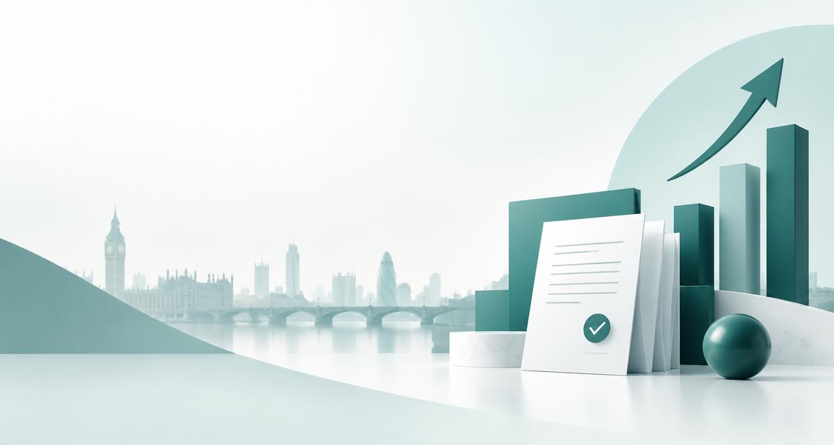 Professional UK business consultancy concept showing London skyline, approved documents and growth chart in teal and white