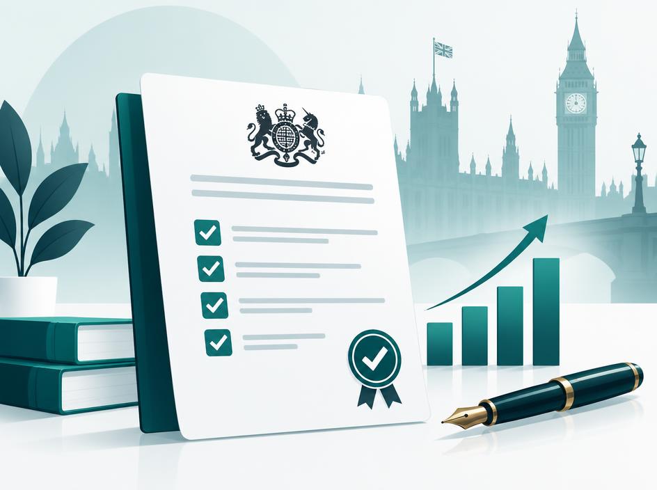 Tender writing concept showing approved tender document, checklist, growth chart and London skyline